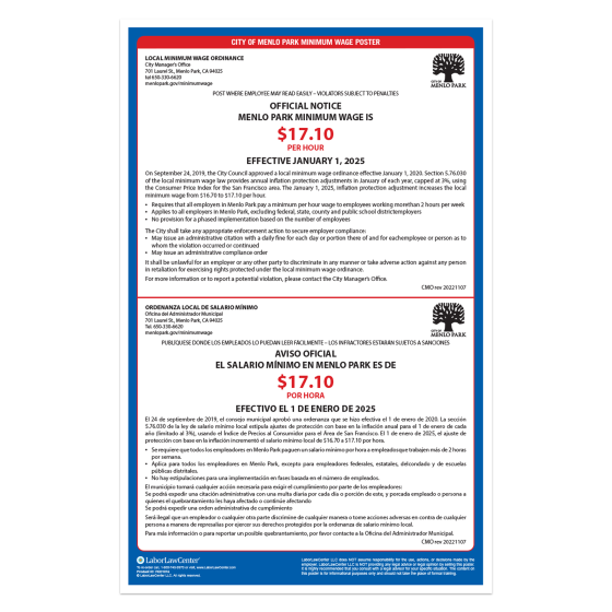 City of Menlo Park Minimum Wage Poster